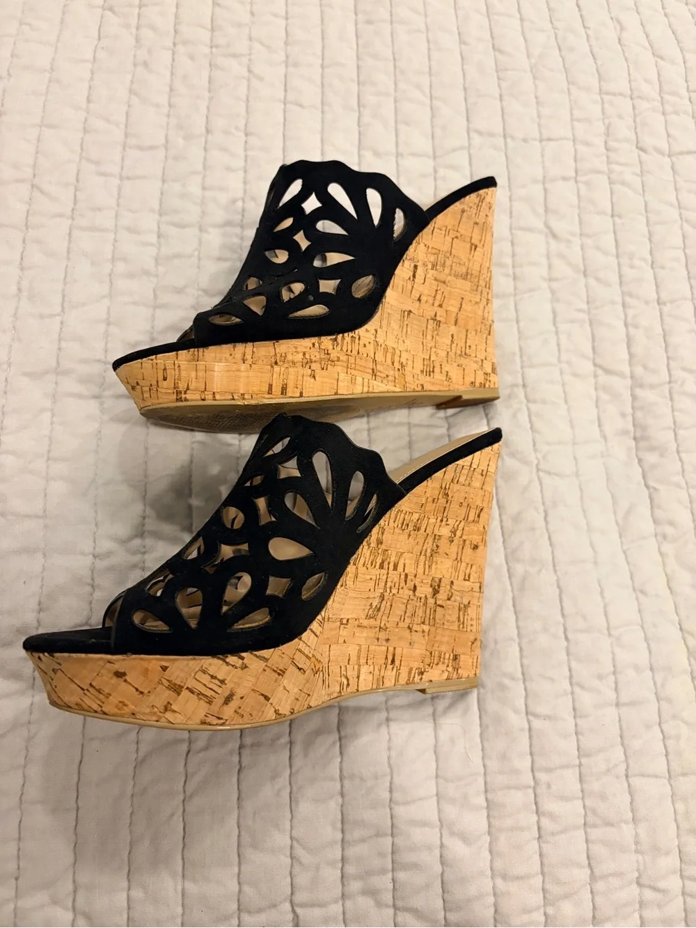 Charles David Black Cutout Cork Wedge Mules 8